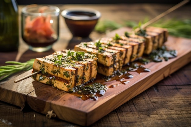 Grilled tofu with char marks and herbs on cedar plank created with generative ai