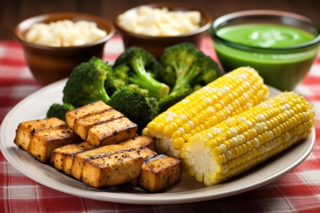 Foto tofu grigliato con contorno di mais grigliato e broccoli