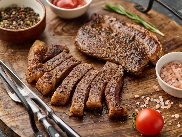 Controfiletto alla griglia o bistecca di carne di manzo con scamone su tavola di legno sfondo scuro bistecca di picanha