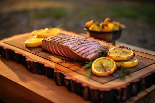 Grilled tuna on cedar plank garnished with lemon created with generative ai