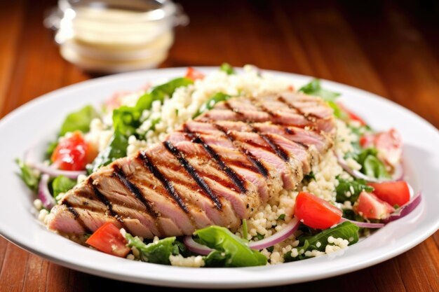 Grilled tuna steak on a bed of couscous salad