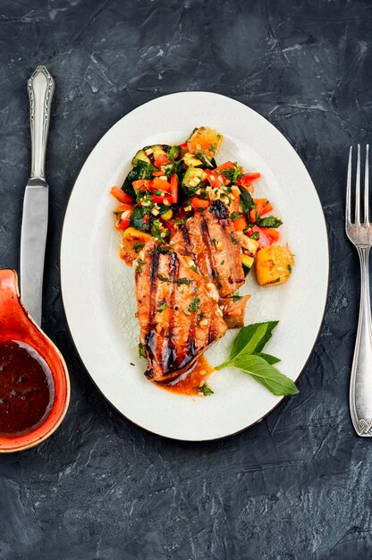 Grilled tuna steak with salad on a plate Diet foodTop view