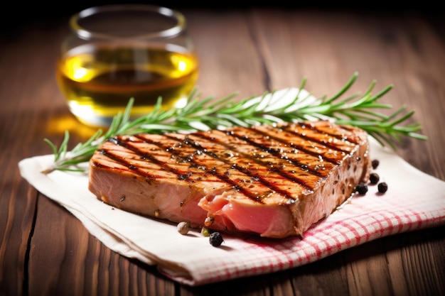 Grilled tuna steak with a sprig of rosemary