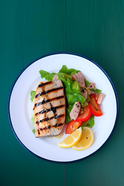 Grilled tuna with vegetables on white plate illustration