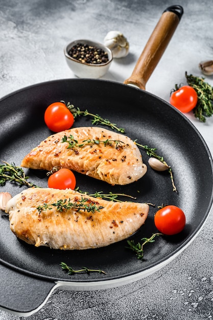 Grilled Turkey steaks in a pan. Breast fillet. Top view