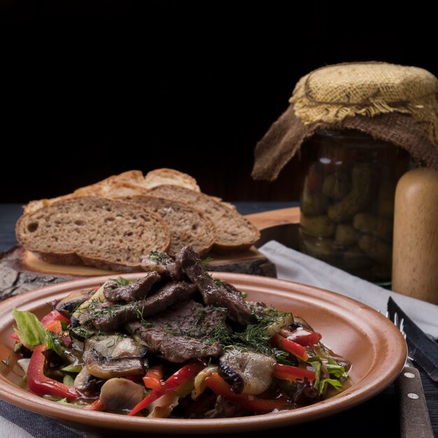 Grilled veal with vegetables. Closeup