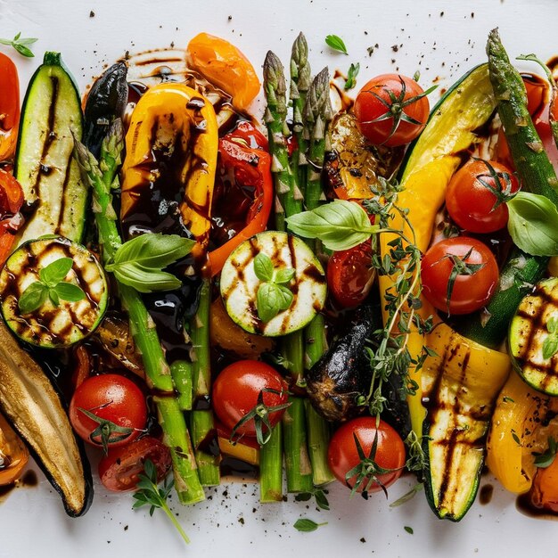 Foto piatto di verdure alla griglia con glassa balsamica e erbe fresche