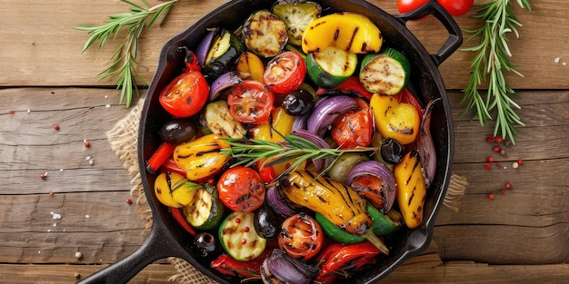 Photo grilled vegetables in a cast iron skillet