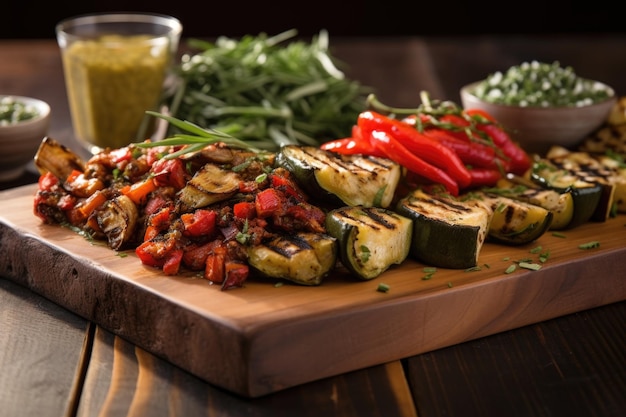 Grilled vegetables on cedar plank with herbs and spices created with generative ai
