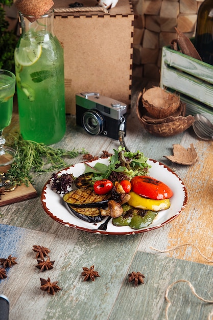 Grilled vegetables eggplant pepper and mushrooms