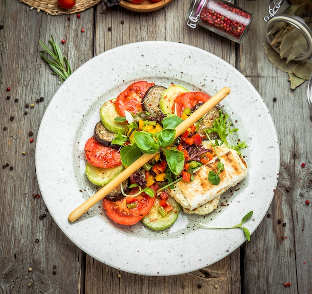 Grilled vegetables, grilled suluguni cheese