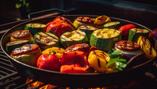 Grilled vegetables and meat on hot coals generated by AI