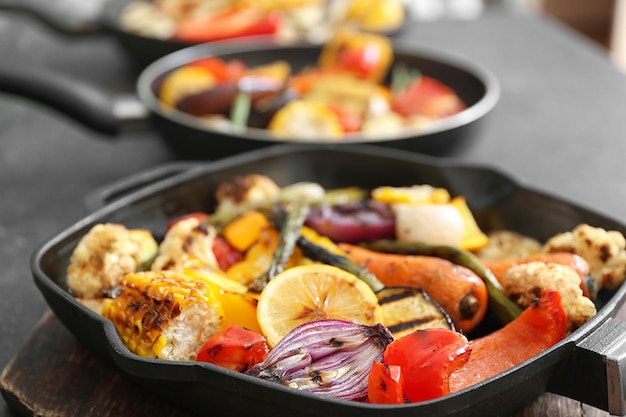 Grilled vegetables on pan closeup