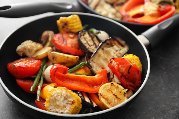 Grilled vegetables on pan closeup