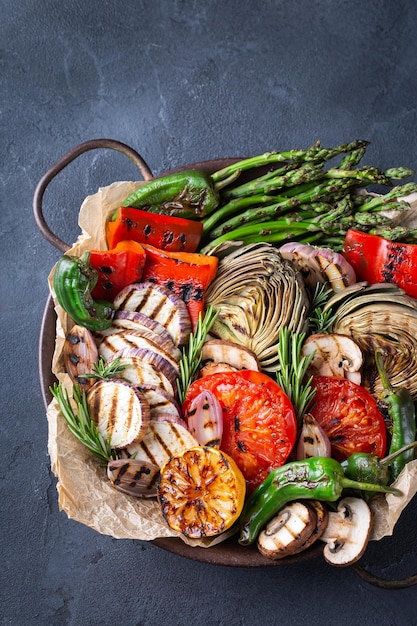 Grilled vegetables in a pan summer eating vegan food