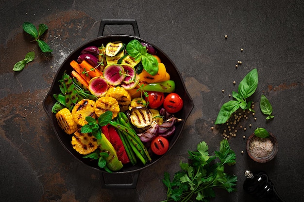 Grilled vegetables in pan top view