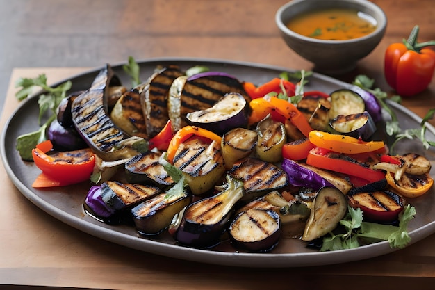 Grilled vegetables on a plate with a bowl of soup