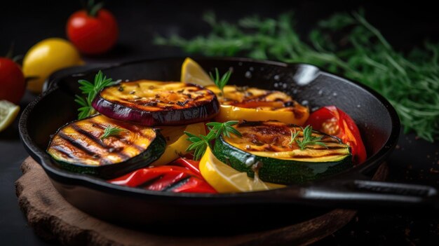 Grilled vegetables in a skillet with a wooden table in the background