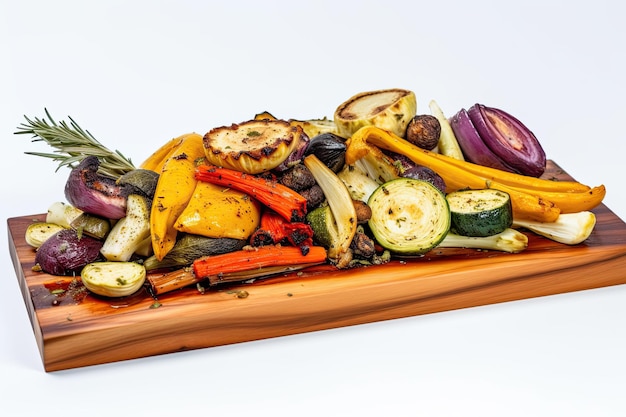 Жареные овощи с розмарином на деревянной доске на белом фоне