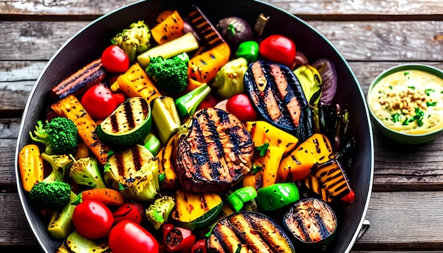Photo grilled vegetables on wooden background healthy food bbq vegan meal