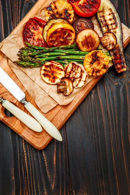 Grilled vegetables on wooden table