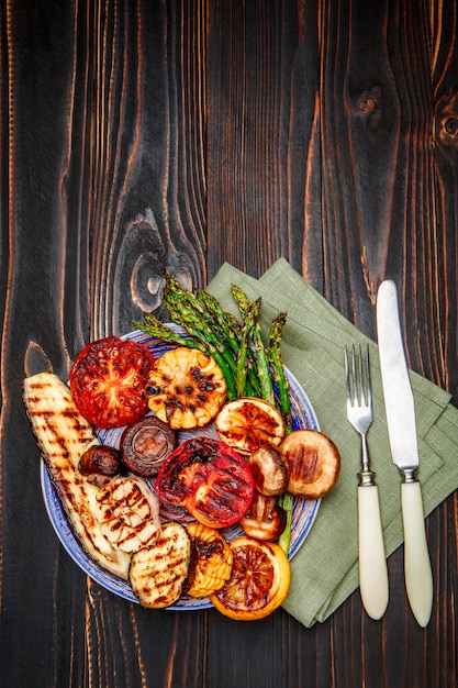 Grilled vegetables on wooden table