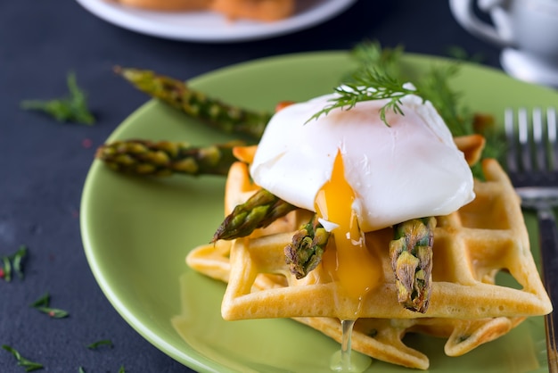 Grilled waffle with Green boiled Asparagus