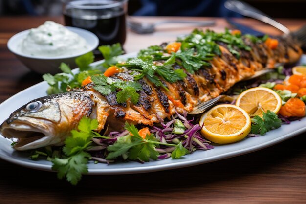 Photo grilled whole fish with cauliflower carrot salad