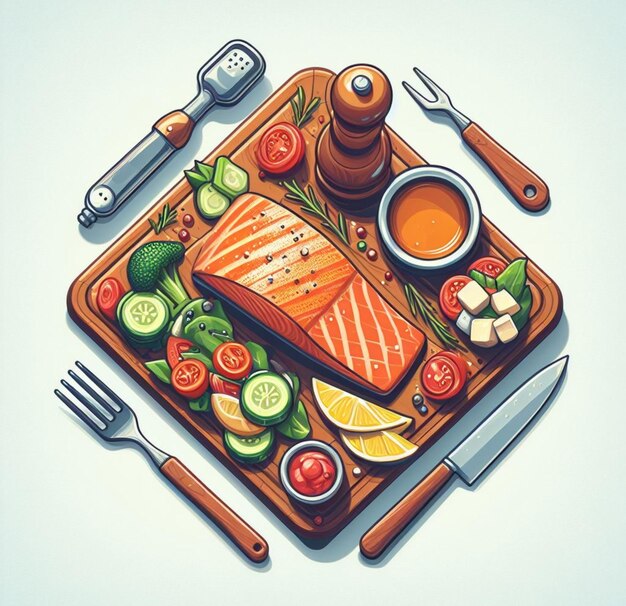 Photo grilled wild salmon with steamed vegetables lunch menu ketogenic healthy eating