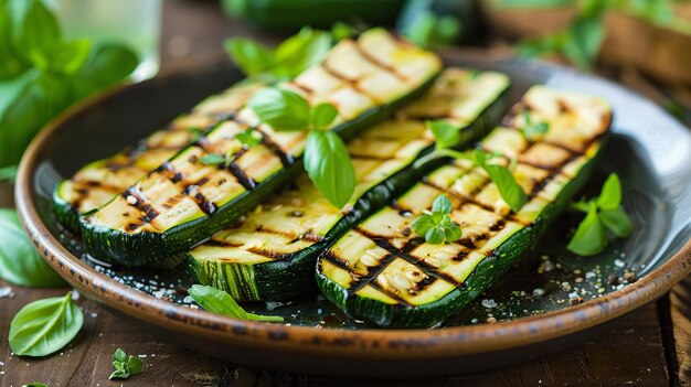 사진 세라 접시 에 신선 한 바실리 와 함께 그릴 된 zucchini 조각