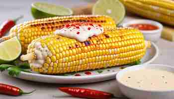 Photo grilledcorncobswithmayonnaiselimeandchilisauce with spices chillie