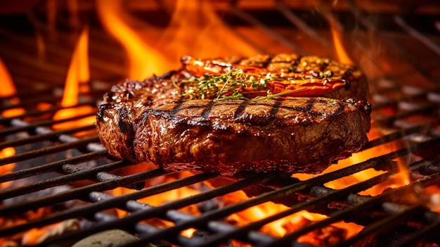 Grillen van een rundvleessteak over een open vlam met rokerige ranken die ronddansen