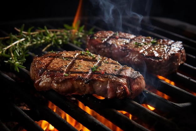 Grillen van rundvlees steaks over vlammen Generative ai