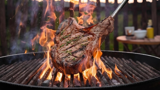 Grillen van t bot steak op een vlammen grill