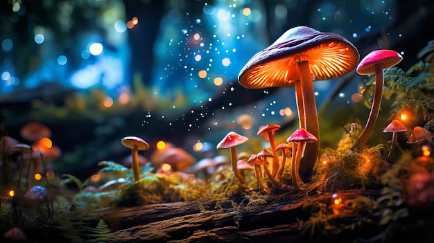 Grillig sprookjesbos lichtgevende paddestoelen mystieke gloed met magische vonken