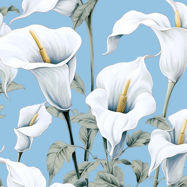 Grillige harmonie Een delicate schets van witte Calla-lelies op een lichtblauw canvas