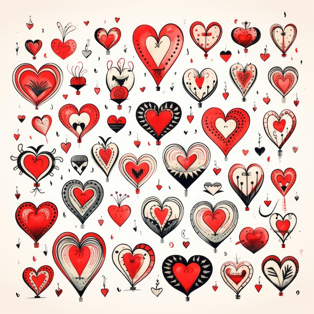 Grillige hartontwerpen die cartoonstijl omarmen met het tekenen van hartstijlen op een witte achtergrond