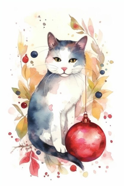 Grillige kerst kat in aquarel stijl op witte achtergrond generatieve AI