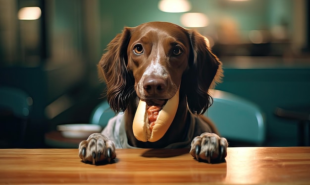 Grillige scène Hond die zich tegoed doet aan een hotdogtraktatie. Gemaakt met generatieve AI-tools