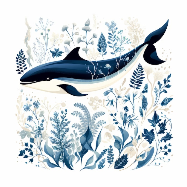 Grillige vector platte kunst boeiende walvissen en bloemige dierenmotieven met witte en blauwe accenten