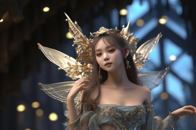 Grillige wonderen Aziatisch meisje straalt magie uit in betoverend feeënkostuum