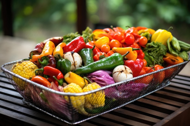 Grilling basket filled with colorful veggies