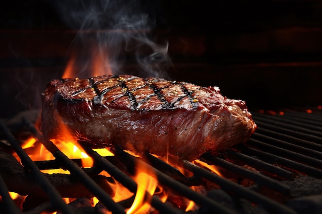 grilling a beef steak against flame and smoke generative ai