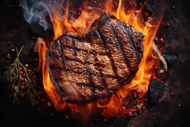 Photo grilling a beef steak against flame and smoke generative ai