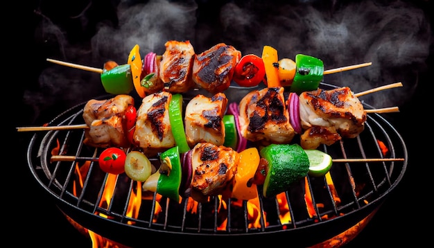 Grilling Chicken meat shashlik on metal skewers Generative AI