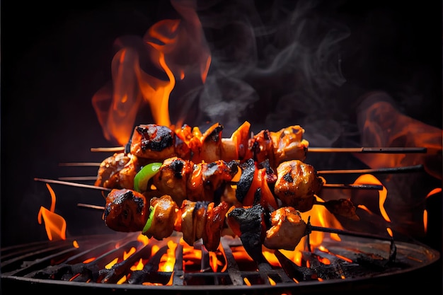 Grilling Chicken meat shashlik on metal skewers