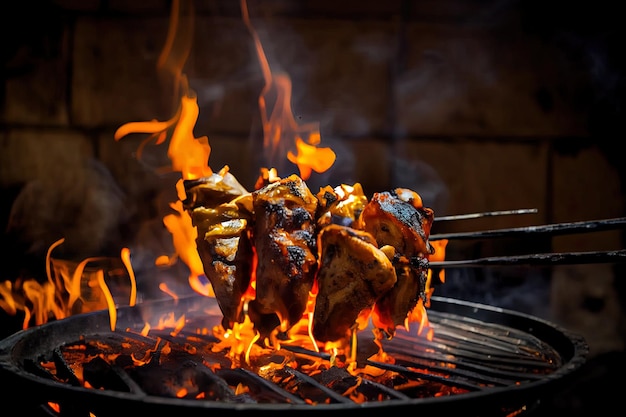 Grilling Chicken meat shashlik on metal skewers