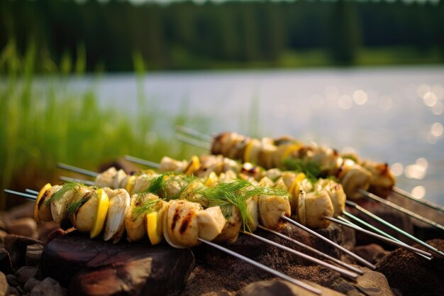 Grilling clams on skewers with lemon and herbs by the sea created with generative ai