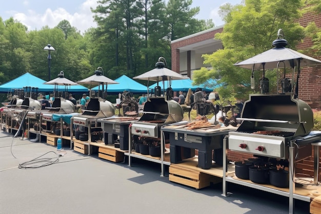 Grilling competition setup with multiple bbq grills created with generative ai