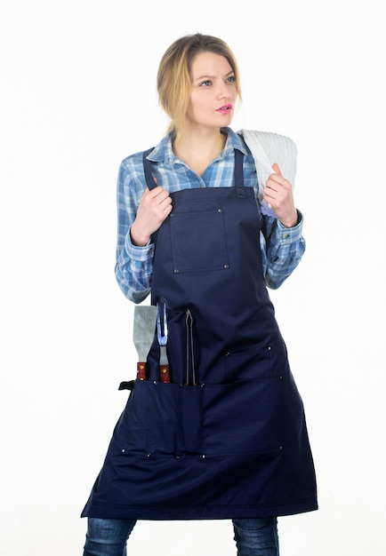 Grilling food Cooking meat at low temperature for long time outdoors Picnic and barbecue Cooking meat in park Barbecue master Woman checkered shirt and apron for cooking white background